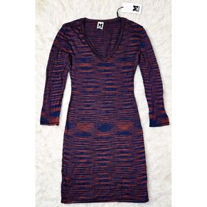 Missoni Striped Dress Knit Stretch Bodycon Blue Red Long Sleeve